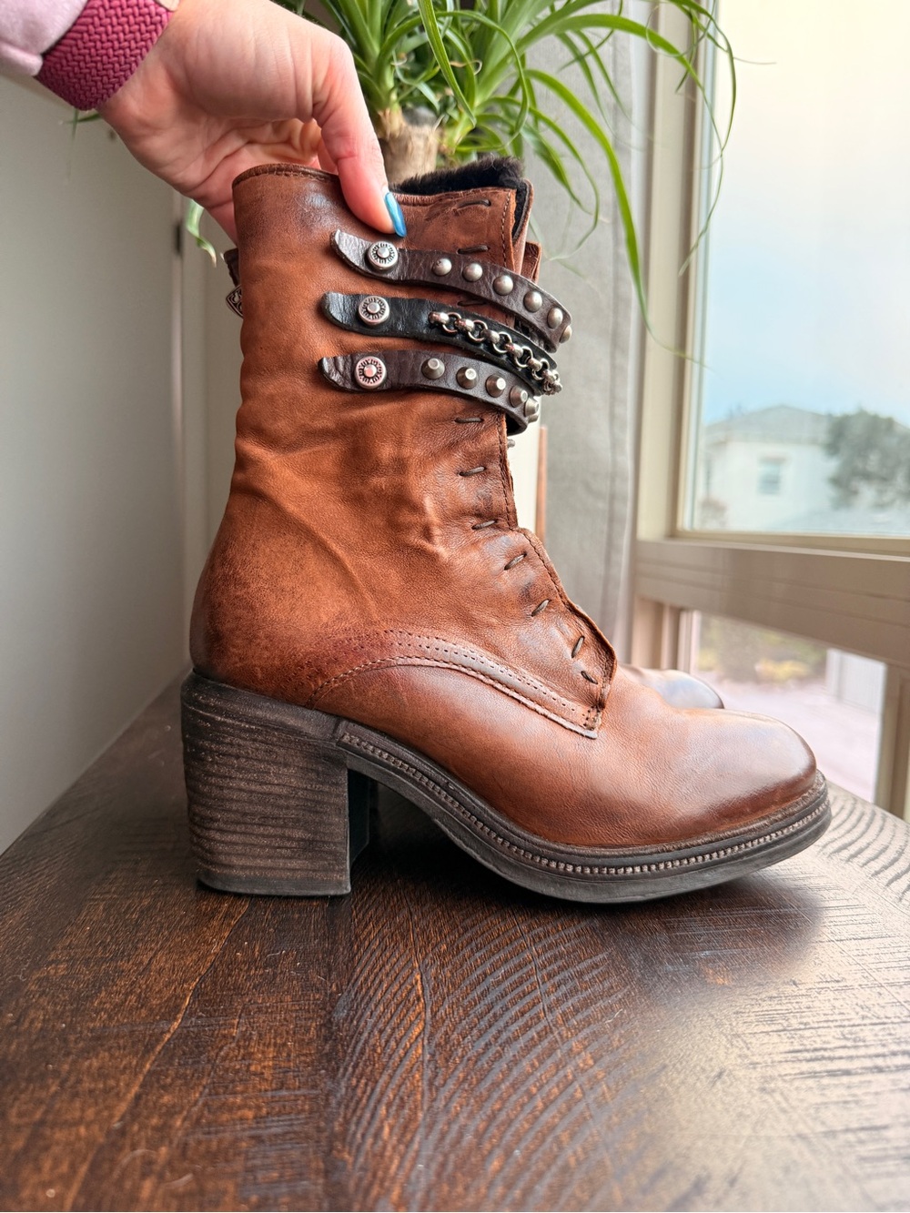 AS98 Fleece-Lined Women’s Brown Leather Studded Lace-Up Ankle Boots 38/8 - Picture 4 of 9